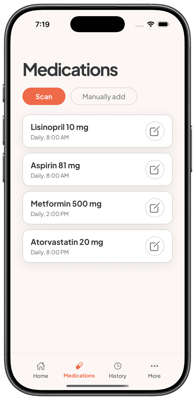 Pillara medication history screen